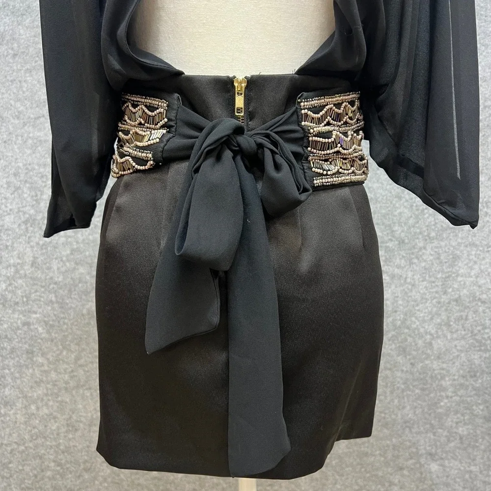 XOXO Flowy Black Beaded Waist Open‎ Back Mini Dress Party Cocktail Size 3/4